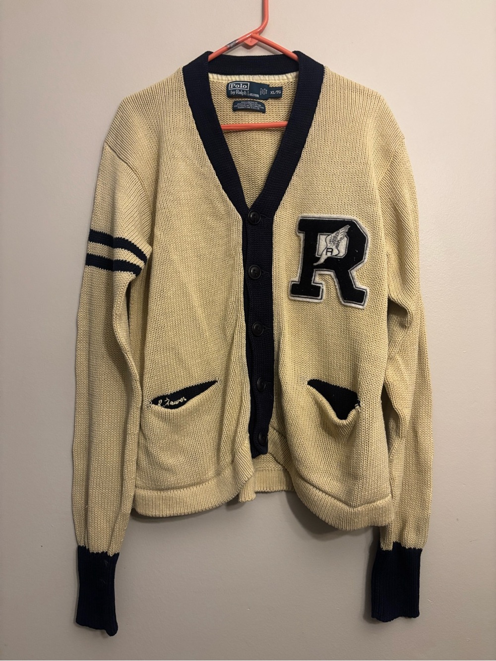 Ralph Lauren Cream Cardigan with Navy Trim and Patch